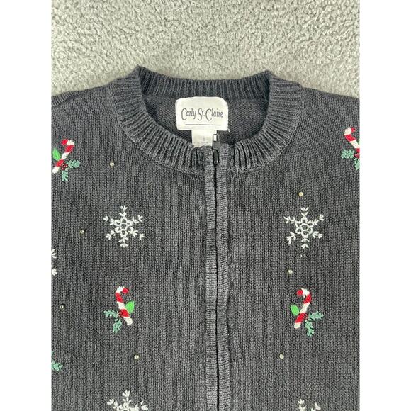 Carly St Claire Sweater Womens Small Christmas Black Vintage Snow Full Zip Ugly - Picture 2 of 10